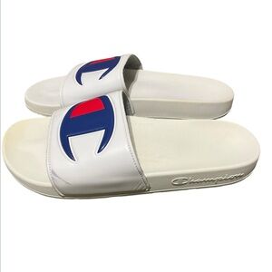 Champion White Slides with Blue & Red Emblem unisex .Womens 13/ Mens 11.